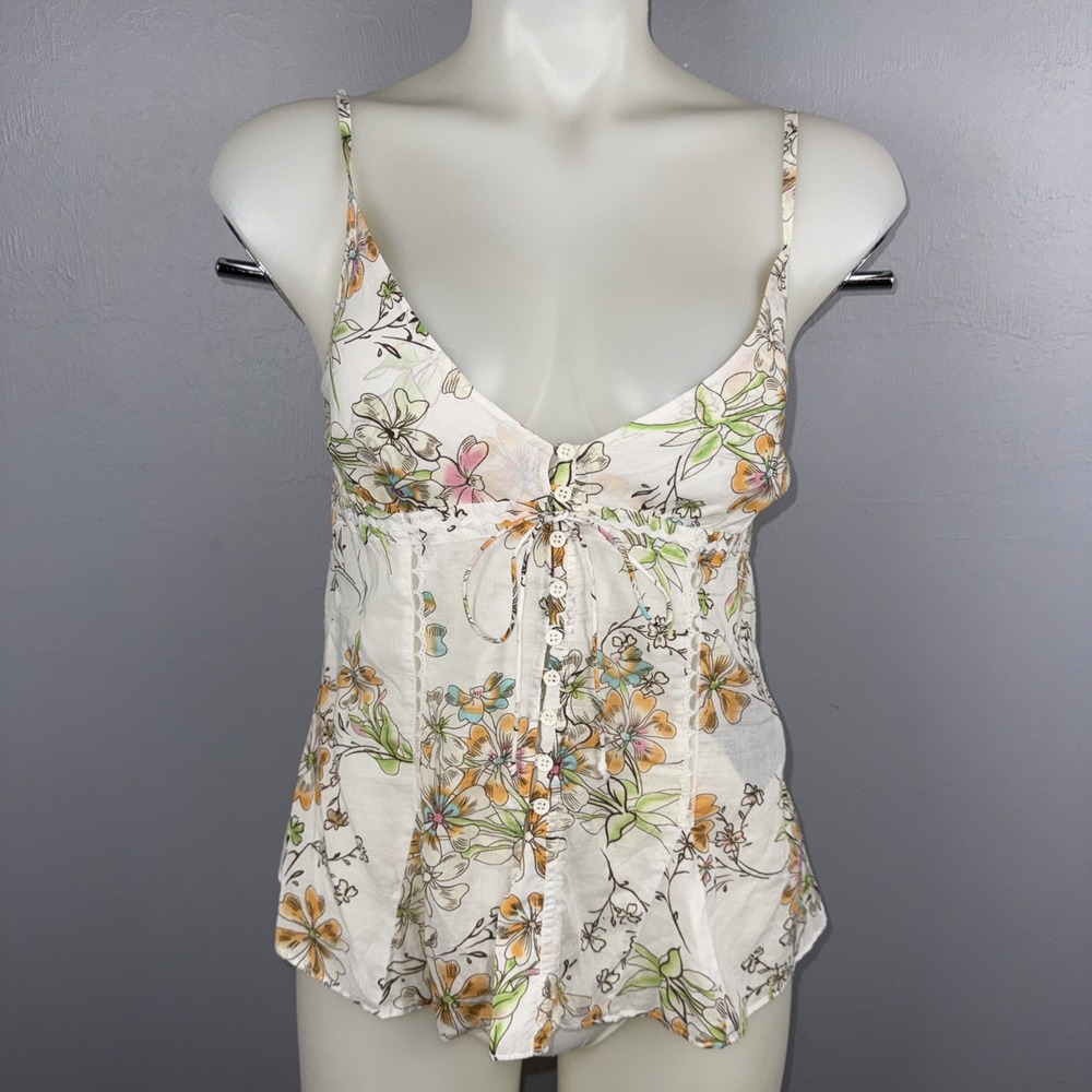 Guess Top Women's M Ivory Floral-Print Peplum Sleeveless Y2K Babydoll